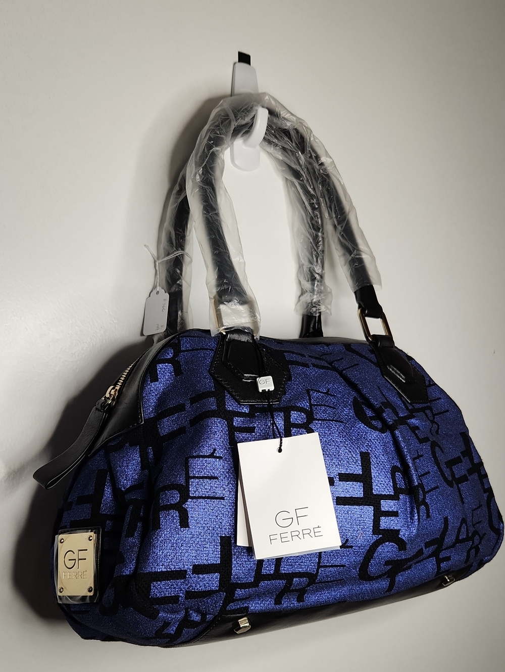 NWT GIANFRANCO FERRE #366 Blue/Black fabric & leather shoulder satchel w/dustbag